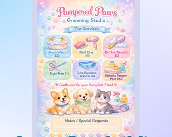 Menú imprimible de peluquería canina para niños / Actividad de juego de rol en salón de perros (PDF tamaño A5)
