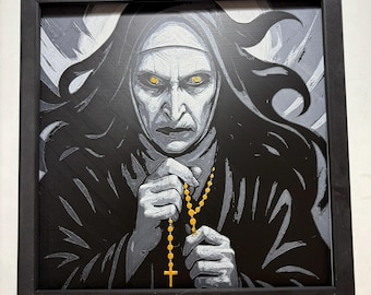 Lámina de HueForge inspirada en La Monja/Valak, decoración de terror, oscura, arte de pared.