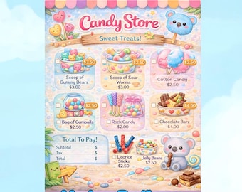 Menú de juego de la tienda de dulces / Dulces, ositos de goma, algodón de azúcar (descarga digital)