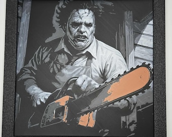 Arte mural inspirado en Leatherface, Hueforge, decoración de terror, oscuro, arte de fans