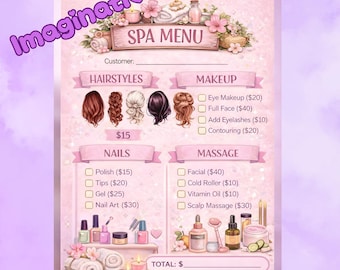 Menú de spa infantil para imprimir / Actividad de juego de imitación de cabello, maquillaje y uñas (PDF)