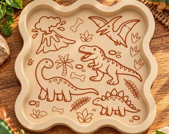 May include: A square, wavy-edged beige tray featuring a brown line-art pattern of various dinosaurs, a volcano, palm trees, bones, and foliage. The design includes a T-Rex, a long-necked sauropod, a stegosaurus, and a flying pterodactyl.