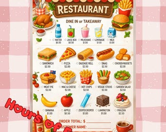 Menù del ristorante per bambini stampabile / Modulo d'ordine per cibo giocattolo (download digitale)