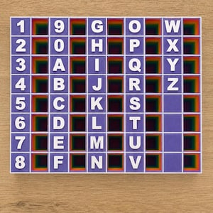 May include: A rectangular grid display featuring purple square cells, each containing a white letter or number. The interior of each cell transitions through a rainbow colour gradient, creating a deep, tunnel-like visual effect for every character.