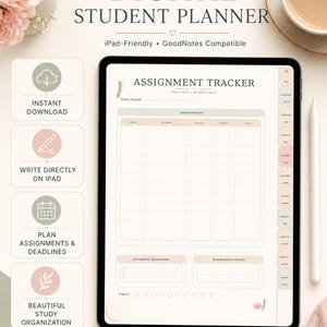 Puede incluir: Un planificador estudiantil digital en la pantalla de una tableta con un diseño de seguimiento de tareas que incluye columnas para materia, tarea, fecha de entrega, prioridad y estado, junto a un lápiz óptico y clips.