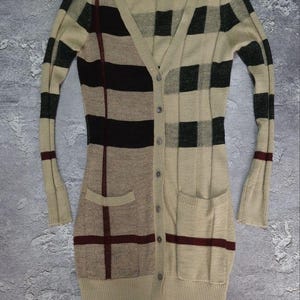 Burberry London Check Cardigan | Vintage Beige Knit Longline Sweater | Size S Small | Iconic Nova Check Pattern | Luxury British Designer