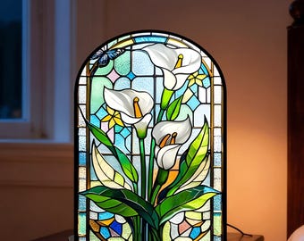 Atrapasueños de vidrieras con forma de lirio cala, elegante panel floral para ventana, regalo de condolencia, regalo conmemorativo, decoración de flores blancas, arte para ventana de jardín.