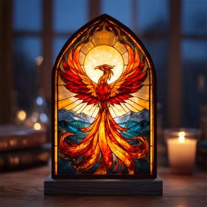 May include: A stained glass panel featuring a phoenix with spread wings, set against a sunburst. The bird is red and orange, with a blue and yellow landscape below. The panel is mounted on a wooden base, creating a decorative light.