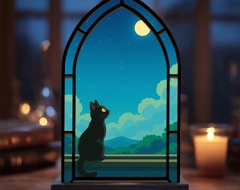 Black Cat Moonlight Stained Glass Candle Holder, Night Sky Cat Lamp, Cozy Reading Nook Decor, Cat Lover Gift Night Light