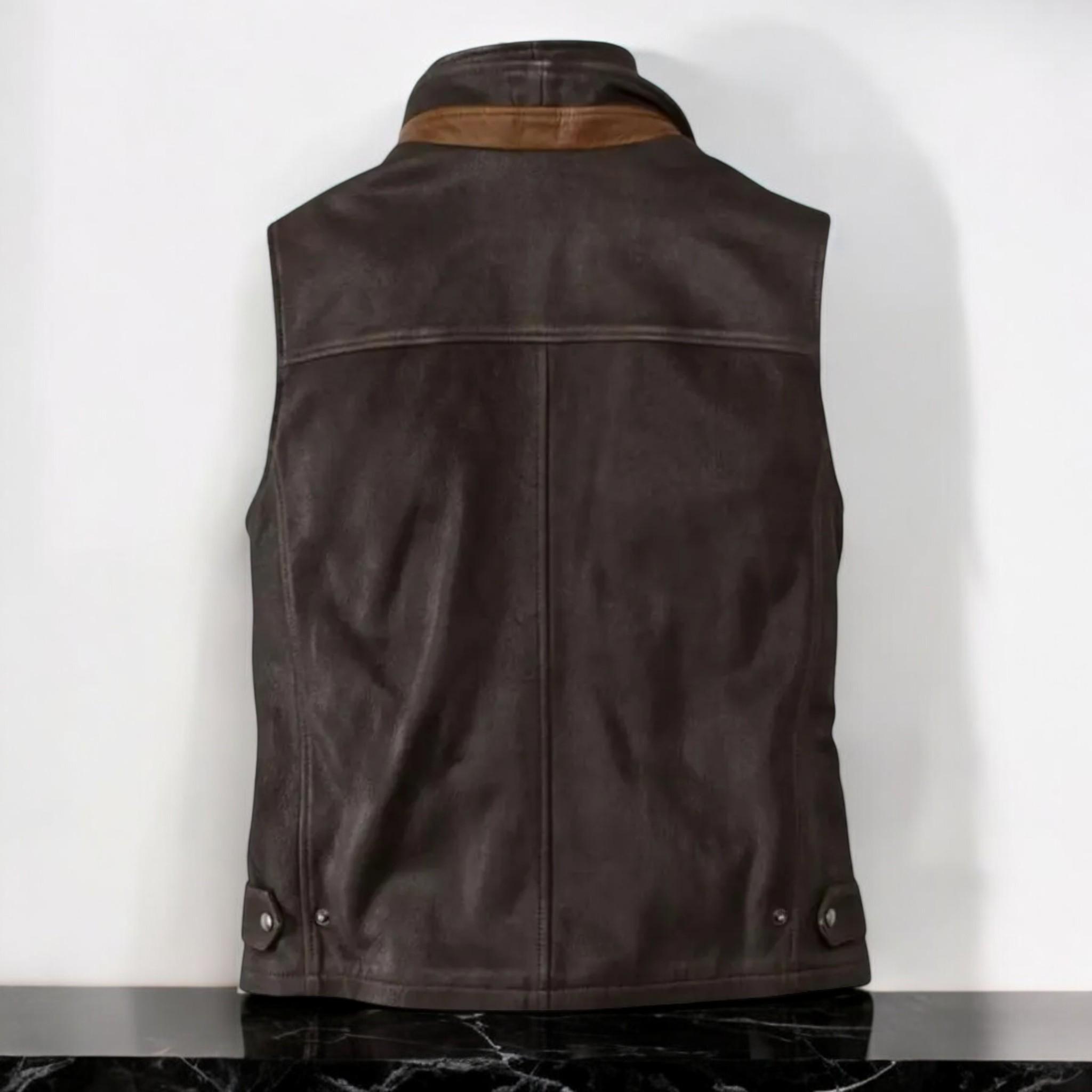 Brown Leather Vest With warm faux fur main image 1
