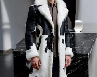 牛柄フェイクファージャケット、メンズ ブラック＆ホワイト