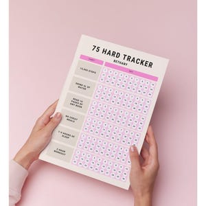 May include: A 75 Hard Tracker checklist in pink and white, with "Bethany" at the top. It features daily goals for steps, water, reading, meals, sleep, and workouts. The background is a solid pink colour.