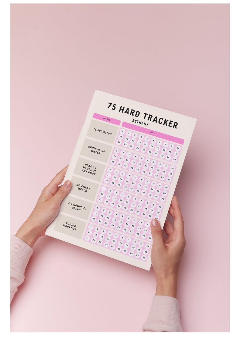 May include: A 75 Hard Tracker checklist in pink and white, with "Bethany" at the top. It features daily goals for steps, water, reading, meals, sleep, and workouts. The background is a solid pink colour.