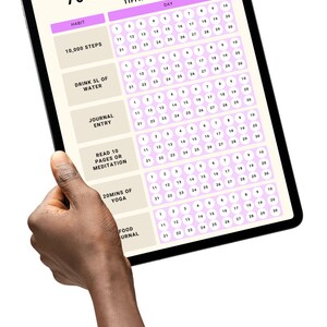 May include: A digital 75 Soft Tracker on a tablet, held by a hand. The tracker includes sections for habits like 10,000 steps, drinking water, journal entries, reading, yoga, and food journaling. The tracker is designed to be used for 30 days.