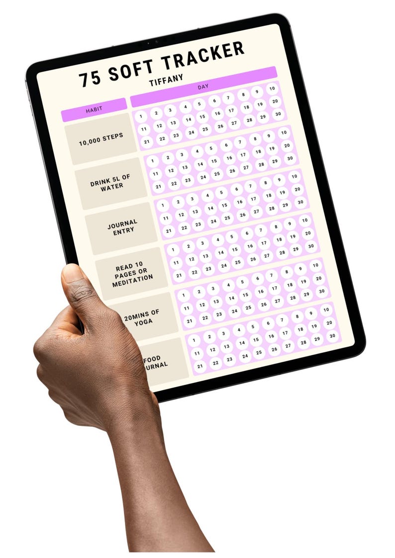 May include: A digital 75 Soft Tracker on a tablet, held by a hand. The tracker includes sections for habits like 10,000 steps, drinking water, journal entries, reading, yoga, and food journaling. The tracker is designed to be used for 30 days.