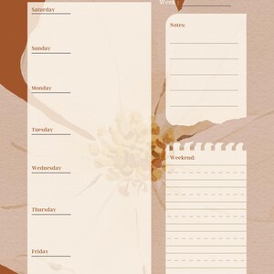 Op de afbeelding: Een weekplanner in bruin- en crèmetinten, met een bloemmotief. Het heeft secties voor elke dag, notities en weekendplanning. De woorden "Weekly Planner" staan bovenaan.