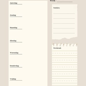 Op de afbeelding: Een beige weekplanner met bloemaccenten. De planner heeft secties voor elke dag van de week, notities en weekendplanning. De titel "Weekplanner" is in elegant schrift geschreven.
