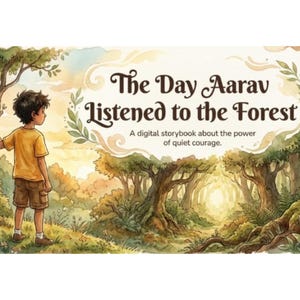Könnte beinhalten: Aquarellillustration eines Jungen in gelbem Hemd und braunen Shorts, der in einen sonnigen Wald blickt. Der Text lautet "The Day Aarav Listened to the Forest", ein digitales Storybook über stillen Mut.
