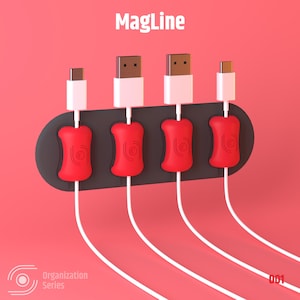 Può includere: Un organizzatore di cavi con il testo "MagLine" su sfondo rosso. L'organizzatore è nero e contiene quattro cavi USB bianchi con supporti rossi. In basso a sinistra c'è il testo "Organization Series".