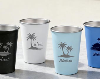 Vaso metálico personalizado con tapa y diseño de palmera, vaso de acero inoxidable personalizado, vasos para despedidas de soltero, regalo para vacaciones en la playa, taza para acampar, taza de viaje.