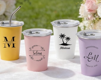 Vasos personalizados de acero inoxidable, regalo para bodas, vaso de metal con tapa, vasos para damas de honor, vaso térmico personalizado de acero inoxidable, vaso con logotipo personalizado.