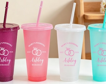 Vaso personalizado con purpurina y pajita para la despedida de soltera, regalo personalizado para pedirle a la dama de honor que sea su dama de honor, vaso para la mañana de la boda, vasos para bebidas frías, despedida de soltera.