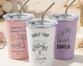 Personalized 17oz Girls Trip Tumbler with Straw, Custom Beach Travel Mug, Vacation Stainless Steel Cup, Custom Logo Metal Cup, Party Favors