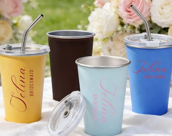 カスタムステンレス製タンブラー、結婚式パーティーギフト、蓋付きコーヒーカップ、ブライズメイドパーティーカップ、刻印入りステンレスカップ