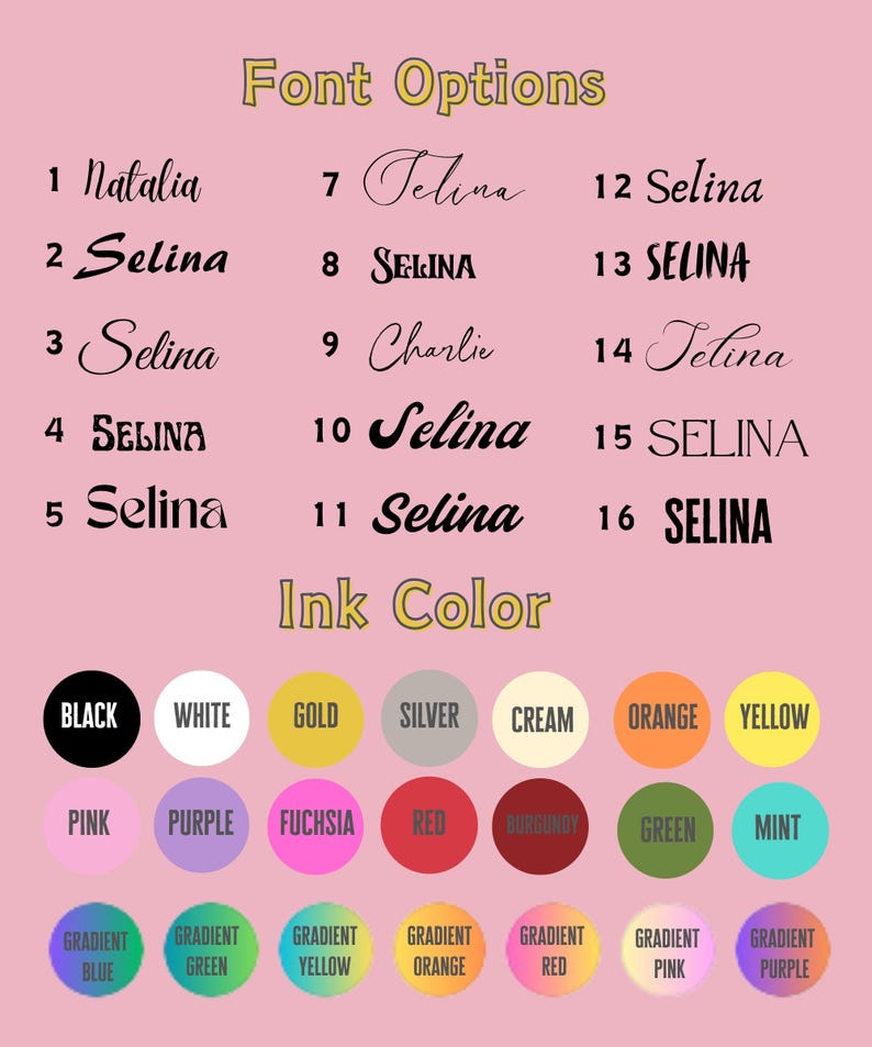 K&ouml;nnte beinhalten: Ein rosa Hintergrund zeigt Schrift- und Tintenfarboptionen. Schriftoptionen umfassen verschiedene Stile f&uuml;r den Namen "Selina" und andere Namen. Tintenfarboptionen werden in Kreisen angezeigt, darunter Schwarz, Wei&szlig; und Gold.