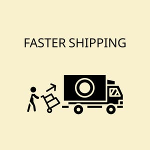 May include: Black and white graphic illustration with the text "FASTER SHIPPING". A person is pushing a cart towards a delivery truck. The truck has a large circle on the side.