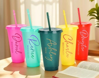 Vaso de dama de honor personalizado con pajita, vaso frío con purpurina de 24 oz, vasos para despedida de soltera, fiesta nupcial, recuerdo de fiesta, artículos de bebida reutilizables