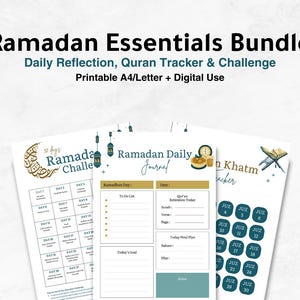May include: A bundle of printable Ramadan essentials, including a daily reflection journal, Quran tracker, and challenge sheets. The design features gold and teal accents, with the text "Ramadan Essentials Bundle" at the top. The bundle is designed for A4/Letter size and digital use.