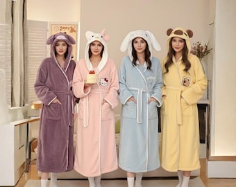 Peignoir Animal Pour Femme | Robe De Chambre En Polaire à Capuche Avec Oreilles – Peignoir D'hiver Avec Poches Et Ceinture – Vêtement De Détente