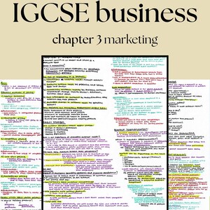 May include: A study guide titled IGCSE business chapter 3 marketing featuring handwritten notes on pricing, market research, and market segmentation. The text is organized with headings, bullet points, and highlighted sections in various colors.