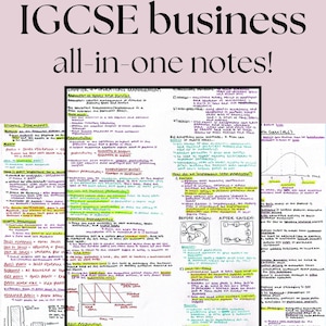 May include: A collection of IGCSE business study notes featuring handwritten text, diagrams, and highlighted sections. The document includes headers like Operations Management, Income Statements, and Product Life Cycle with various charts.