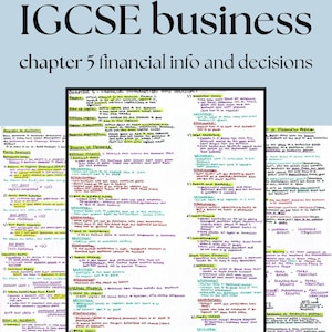 May include: A study guide titled IGCSE business chapter 5 financial info and decisions, featuring handwritten notes on white paper. The text covers financial topics, sources of finance, and ratio analysis with highlighted key terms in yellow.