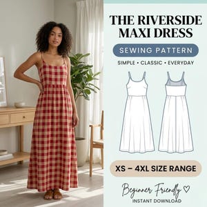 May include: A woman wearing a red and beige plaid maxi dress. The dress has thin straps and a fitted bodice. The image also features a sewing pattern for "The Riverside Maxi Dress" with the text "XS - 4XL SIZE RANGE" and "Beginner Friendly".