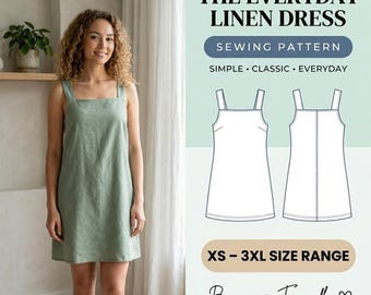 Square Neck Mini Dress Sewing Pattern PDF, Shift Dress Tutorial XS to 3XL, Beginner Friendly Instant Download,Sleeveless Linen Dress Pattern