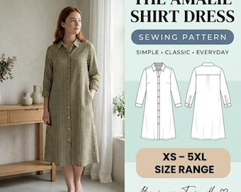 Button Front Shirt Dress Sewing Pattern PDF, Collar Midi Dress XS to 5XL, 3/4 Sleeve A-Line Dress Instant Download, Linen Shirt Dress