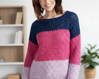 Patrón de jersey de crochet Stepping Stones / Patrón de suéter con bloques de color / Patrón de top de crochet fácil / Patrón de crochet en PDF