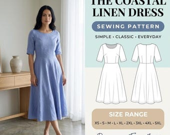 Boat Neck Midi Dress Pattern PDF, Easy 2 Hour Sewing Project XS to 5XL, Plus Size Instant Download, Beginner Dress Tutorial