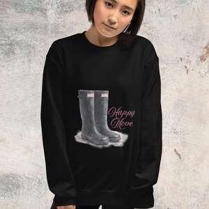 Women's "Happy Move" Sweater; Cozy transitional pullover with rain boot motif – vintage / retro / "Parisian fashion" style; Good Mood Gift