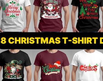 8 disegni di magliette natalizie / Pacchetto PNG di Buon Natale / Disegni di magliette natalizie di Babbo Natale / Download di PNG con sublimazione natalizia