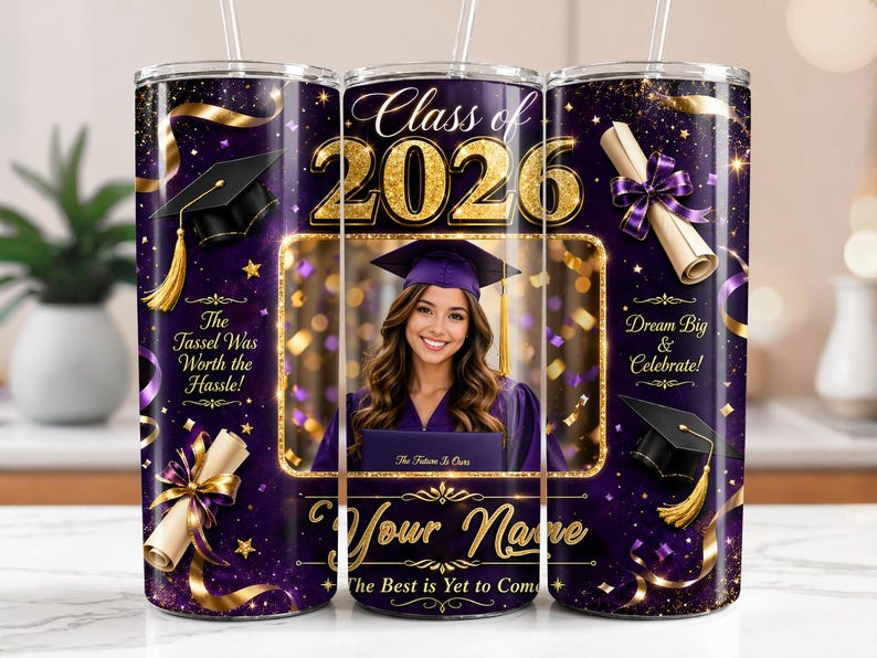 May include: A personalized graduation tumbler with a purple and gold design. The tumbler features a photo of a graduate, the text "Class of 2026", and celebratory phrases. Includes a straw.