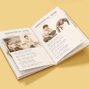 Puede incluir: Un libro abierto con ilustraciones y texto en páginas color crema. El libro se titula "Observation #3: Coffee" y "Observation #4: Crying". Las ilustraciones muestran a una persona en varios estados, con texto que describe las observaciones.