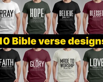 10 disegni per magliette con versetti della Bibbia / Pacchetto SVG PNG cristiani / Citazioni religiose per magliette / Pacchetto di design Prega, Speranza, Credi, Beata Gioia