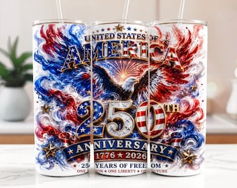 United States of America 250th Anniversary Tumbler Wrap PNG, Semiquincentennial 1776-2026 Sublimation, 20oz Skinny Tumbler, Digital Download