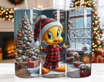 Copribicchiere natalizio / Simpatico uccellino natalizio in pigiama / Scena di baita invernale / Bicchiere sottile da 20 once in formato PNG / Design del bicchiere festivo di dicembre