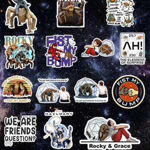 May include: A collection of colorful stickers with various designs. Some stickers feature the text "ROCKY" and "FIST MY BUMP". Other stickers include illustrations of a spider-like creature, a person in a red suit, and a cartoon character.