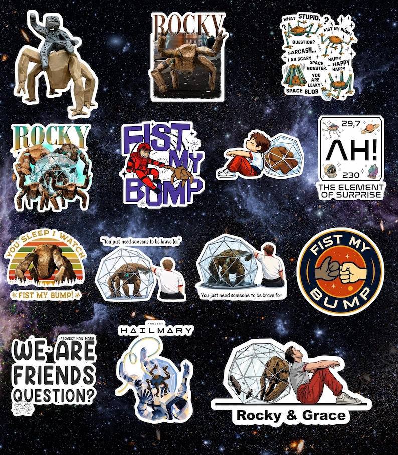 May include: A collection of colorful stickers with various designs. Some stickers feature the text "ROCKY" and "FIST MY BUMP". Other stickers include illustrations of a spider-like creature, a person in a red suit, and a cartoon character.